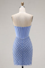 Blue Strapless Corset Tight Short Homecoming Dress with Pearl Details