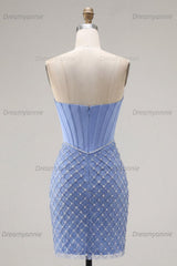 Blue Strapless Corset Tight Short Homecoming Dress with Pearl Details