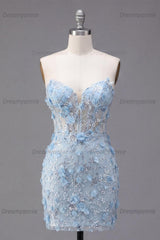 Blue Strapless Floral Beaded Corset Tight Short Homecoming Dress