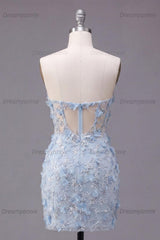 Blue Strapless Floral Beaded Corset Tight Short Homecoming Dress