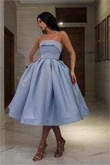 Blue Strapless Homecoming Dress Sleeveless A Line Short Cocktail Dress With Pleated