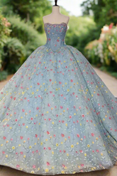 Blue Strapless Quinceanera Dress Corset Ball Gown Sweet 16 Dress with Flowers