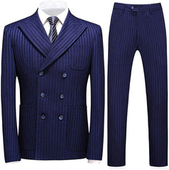 Blue Striped Double Breasted Peaked Lapel Business Suit