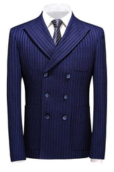 Blue Striped Double Breasted Peaked Lapel Business Suit