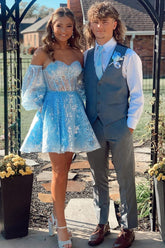 Blue Sweetheart A-Line Short Homecoming Dress with Sleeves