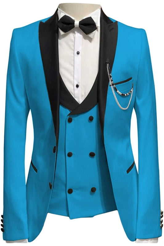 Blue Three Piece Peaked Lapel Prom Suit