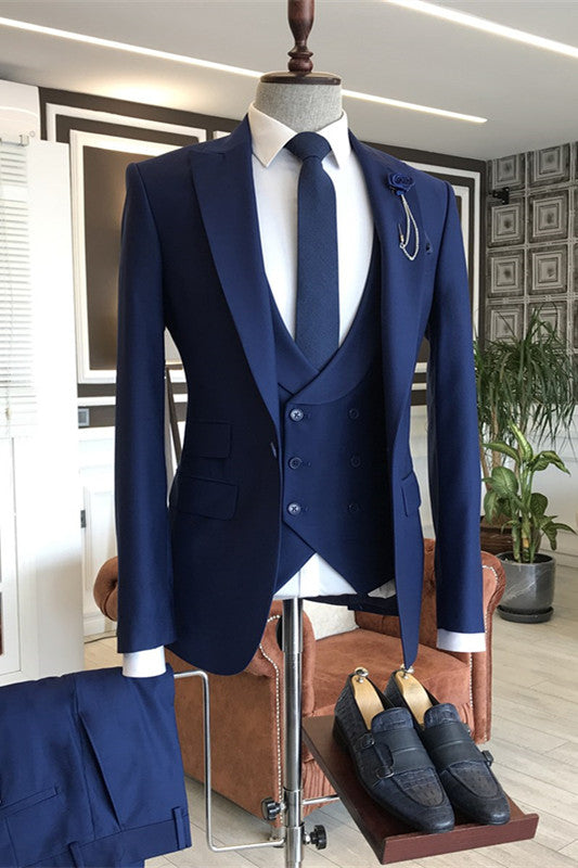 Blue Three Piece Peaked Lapel Prom Suit