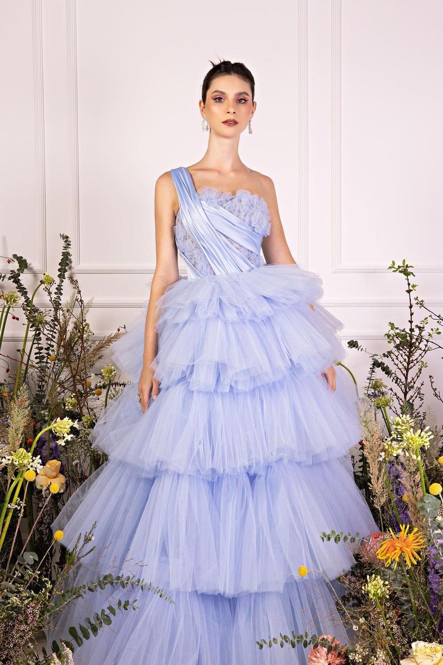 Blue Tiered Prom Dress Sleeveless One Shoulder Ruffled Formal Dress