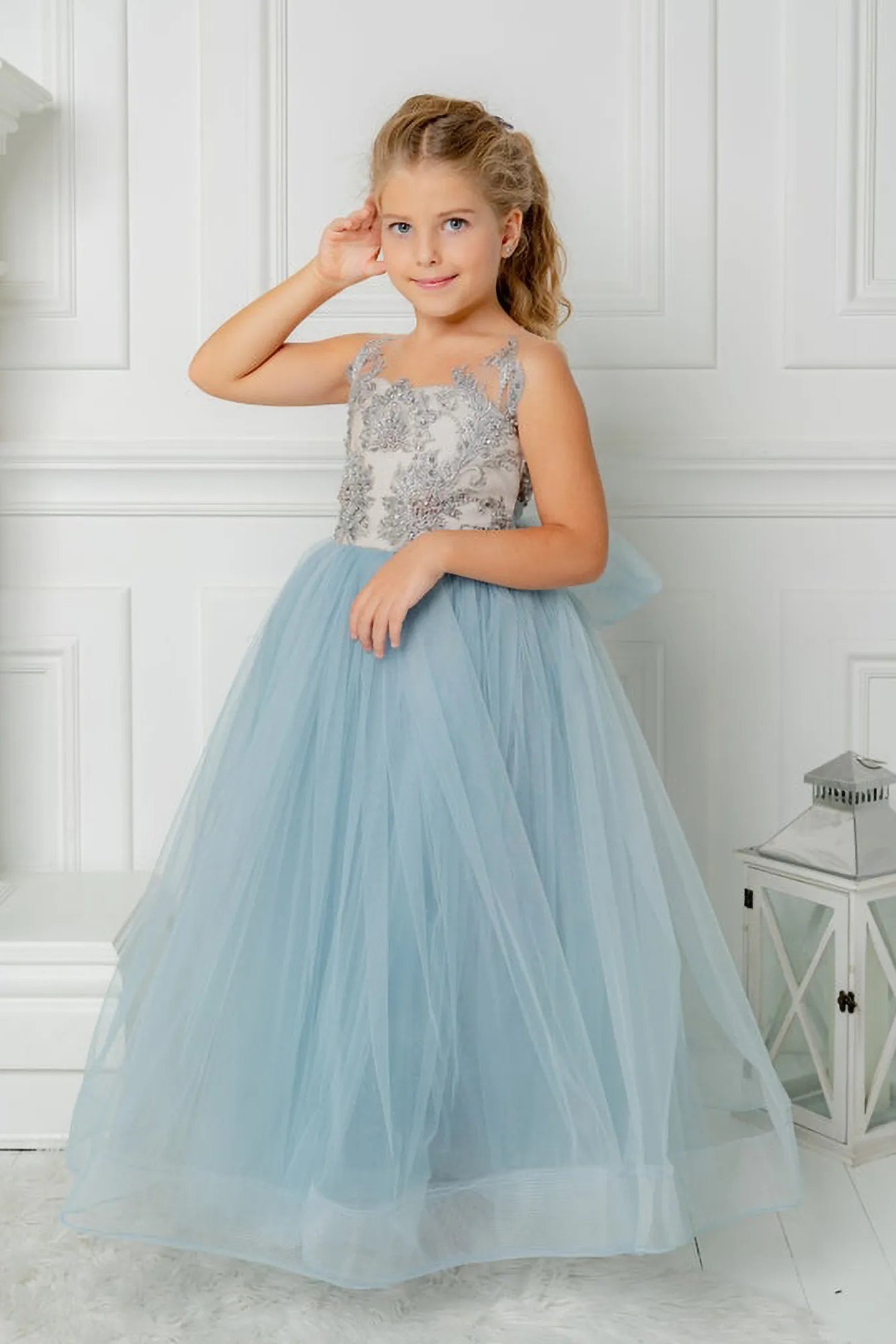 Blue Tulle Beaded Princess Flower Girl Dress with Bowknot