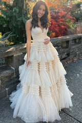 Blue Tulle Tiered Spaghetti Straps Long Prom Dress with Slit