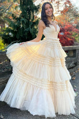 Blue Tulle Tiered Spaghetti Straps Long Prom Dress with Slit