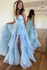 Blue Tulle Tiered Spaghetti Straps Long Prom Dress with Slit