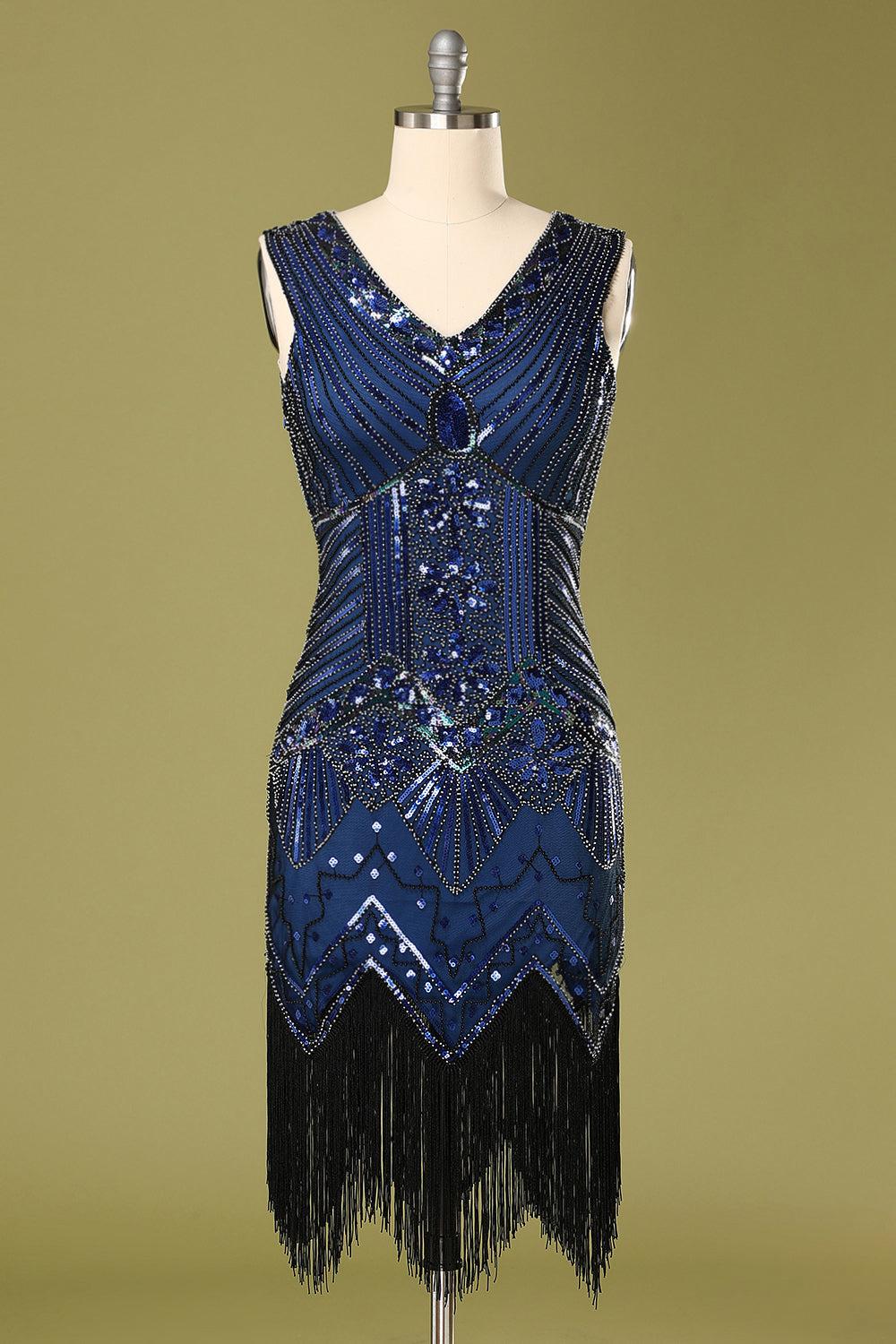Blue Vintage Blue Sequin Flapper Fringe 1920s Dress