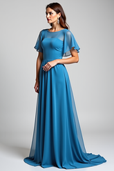 Blue Wedding Guest Dress Long Chiffon A Line Formal Dress With Short Sleeves