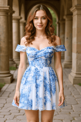 Blue Floral Homecoming Dress Off the Shoulder A Line Short Cocktail Dress