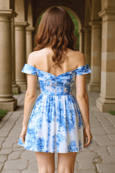 Blue Floral Homecoming Dress Off the Shoulder A Line Short Cocktail Dress