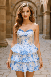 Blue Floral Homecoming Dress Sweetheart Corset Tiered Short Cocktail Dress