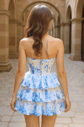 Blue Floral Homecoming Dress Sweetheart Corset Tiered Short Cocktail Dress