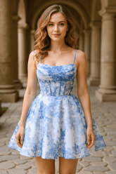 Blue Printed Homecoming Dress Spaghetti Straps A Line Short Cocktail Dress