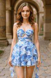 Blue Floral Homecoming Dress Spaghetti Straps Corset Tiered Short Cocktail Dress