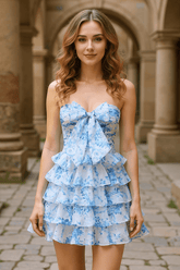 Blue Floral Homecoming Dresses Strapless Short Cocktail Dresses With Bow