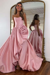 Blush A Line Satin Strapless Long Corset Prom Dress With 3D Flower