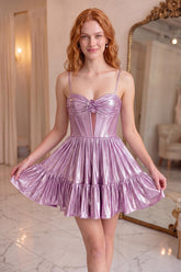Blush Corset Metallic Short Homecoming Dress with Keyhole