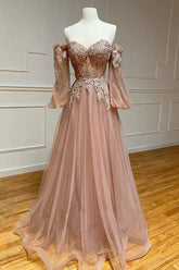 Blush Corset Prom Dress Off the Shoulder Long Evening Dress with Appliques