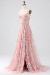 Blush Floral Corset A Line Long Prom Dress