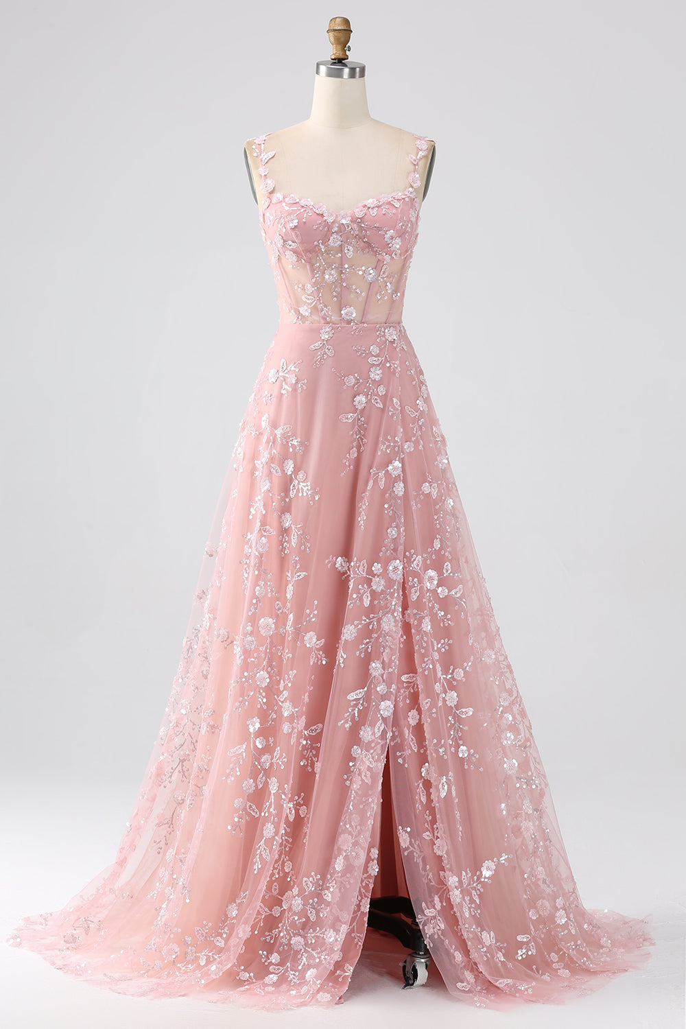 Blush Floral Corset A Line Long Prom Dress