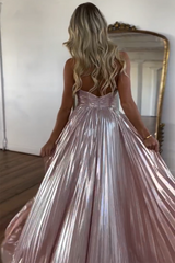 Blush Halter Cut Out Prom Dress Backless Metallic Long Evening Dress with Slit