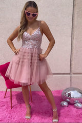 Blush Homecoming Dress A-Line Spaghetti Straps Tulle Short Cocktail Dresses with Lace