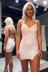 Blush Homecoming Dress Sequin Backless Tight Short Cocktail Dresses with 3D Flowers