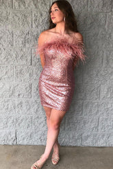 Blush Homecoming Dress Tight Sequin Cocktail Party Dresses with Feathers