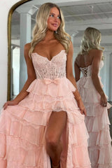 Blush Pink A-Line Lace Corset Prom Dress With Tiered Ruffle Skirt & Slit Formal Evening Gown
