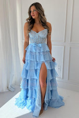 Blush Pink A-Line Lace Corset Prom Dress With Tiered Ruffle Skirt & Slit Formal Evening Gown