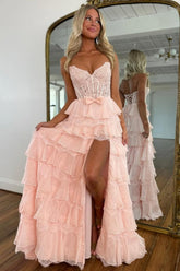 Blush Pink A-Line Lace Corset Prom Dress With Tiered Ruffle Skirt & Slit Formal Evening Gown