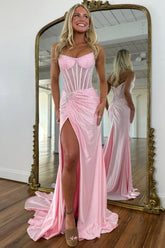 Blush Pink Corset Long Beaded Prom Dress With Rhinestone Details Formal Evening Gown