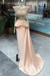Blush Pink Satin Column Prom Dress with Crystal Long Sleeves and Peplum