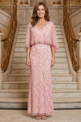 Blush Pink Tulle Mermaid Mother of the Bride Dress with Beaded Flutter Cape