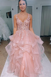 Blush Prom Dress Ruffled Long Formal Dress With Lace