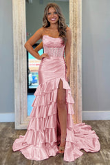 Blush Prom Dress Ruffled Mermaid Long Satin Formal Dress With Slit