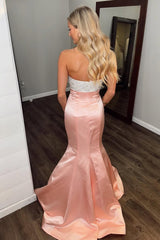 Blush Prom Dress Satin Mermaid Long Formal Dress With Bow