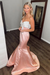 Blush Prom Dress Satin Mermaid Long Formal Dress With Bow