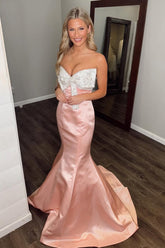 Blush Prom Dress Satin Mermaid Long Formal Dress With Bow