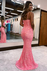 Blush Spaghetti Straps Prom Dress Sequins Mermaid Evening Dress