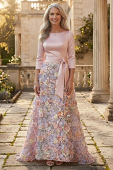 Blushing Pink Satin A-Line Mother of the Bride Dress with 3D Floral Skirt