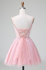 Blushing Pink Spaghetti Strap A-Line Tulle Short Homecoming Dress with Appliques