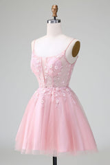 Blushing Pink Spaghetti Strap A-Line Tulle Short Homecoming Dress with Appliques