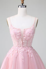 Blushing Pink Spaghetti Strap A-Line Tulle Short Homecoming Dress with Appliques